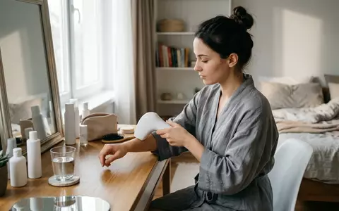 Fotorealistische Aufnahme von IPL-Haarentferner am Badezimmerspiegel zum Thema Braun Smart IPL Skin, natuerliches Licht - Foto: THN