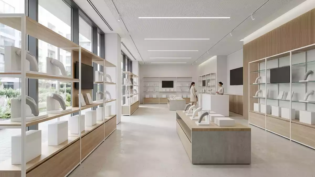 Architektur-Render im Koerperpflege Laden mit IPL-Haarentferner im Ausstellungsbereich