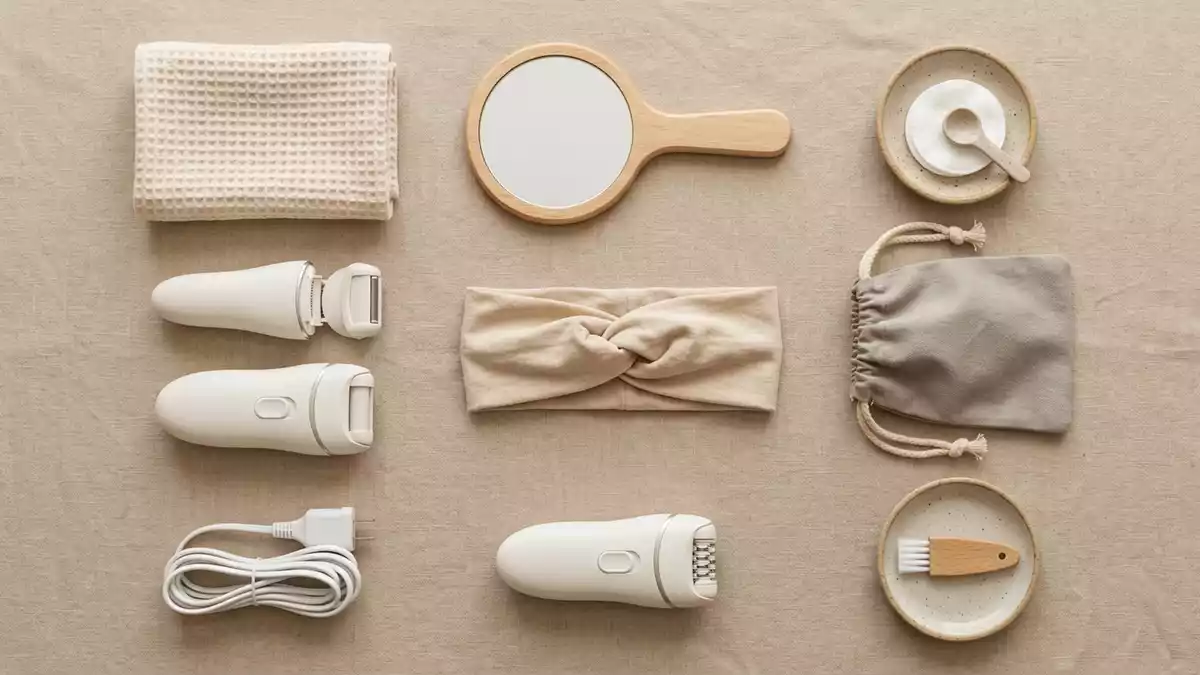 Flatlay-Arrangement rund um Epilierer mit passenden Requisiten von oben, neutral