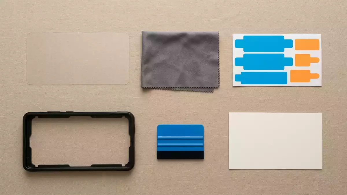 Flatlay-Arrangement rund um Displayschutzfolie mit passenden Requisiten von oben