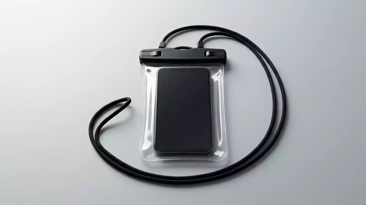 Fotorealistische Studioansicht von Wasserdichte Handytasche in neutraler Produktdarstellung
