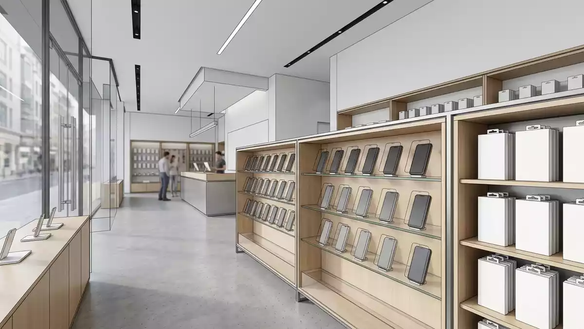 Architektur-Render im Handyzubehoergeschaeft mit Displayschutzglas im Ausstellungsbereich