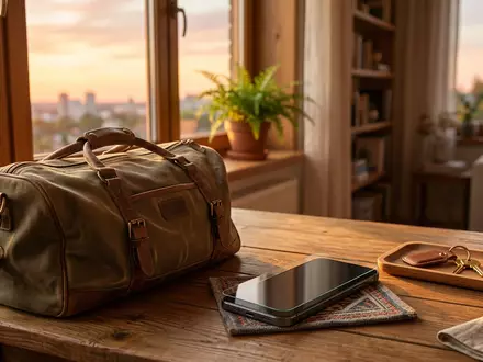 Fotorealistische Aufnahme von Displayschutzglas im Hotelzimmer zum Thema JETech Panzerglas iPhone 17, warmes Abendlicht - Foto: THN
