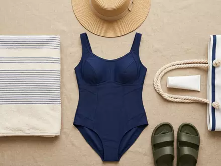 Flatlay-Arrangement rund um Badeanzug zum Thema Jets Damen Badeanzug Classique, weiches Oberlicht - Foto: THN