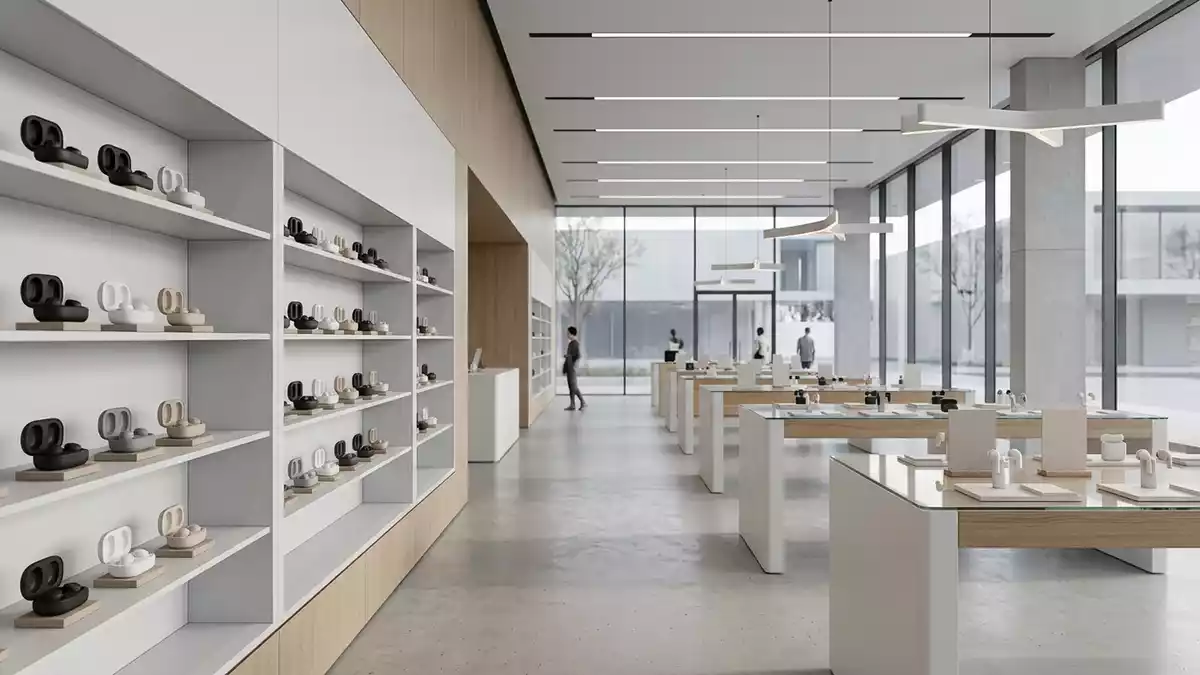 Architektur-Render im Elektronikfachgeschaeft mit Kabellose Kopfhoerer im Ausstellungsbereich