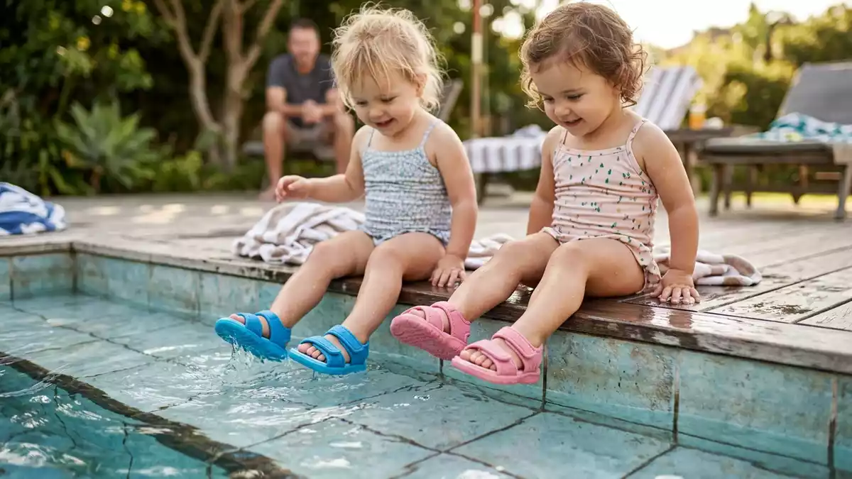 Fotorealistische Ansicht von Kinderbadesandalen am Kinderbecken in realer Umgebung