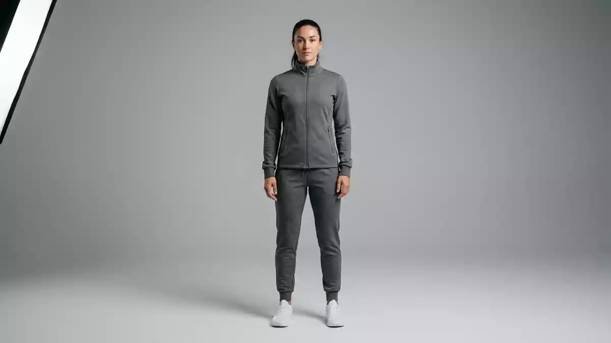 Fotorealistische Studioansicht von Trainingsanzug in neutraler Produktdarstellung