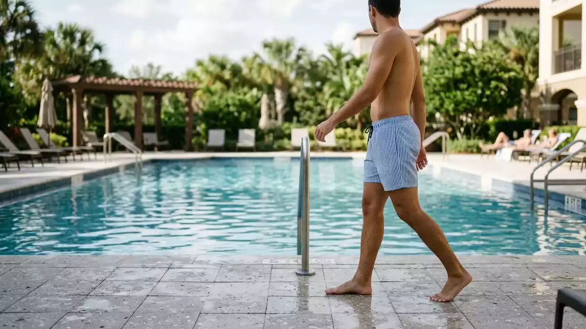 Fotorealistische Ansicht von Badeshorts am Pool in realer Umgebung, sachlich dargestellt