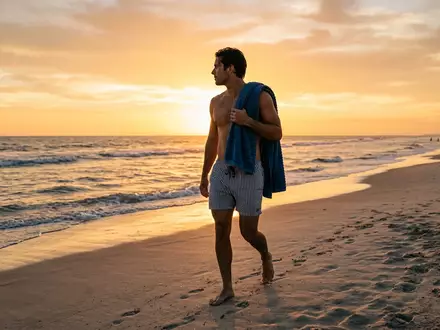 Fotorealistische Aufnahme von Badeshorts am Strand zum Thema Havaianas Herren Badeshorts Surf, warmes Abendlicht - Foto: THN