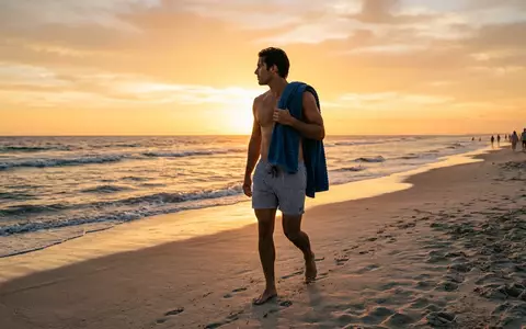 Fotorealistische Aufnahme von Badeshorts am Strand zum Thema Havaianas Herren Badeshorts Surf, warmes Abendlicht - Foto: THN