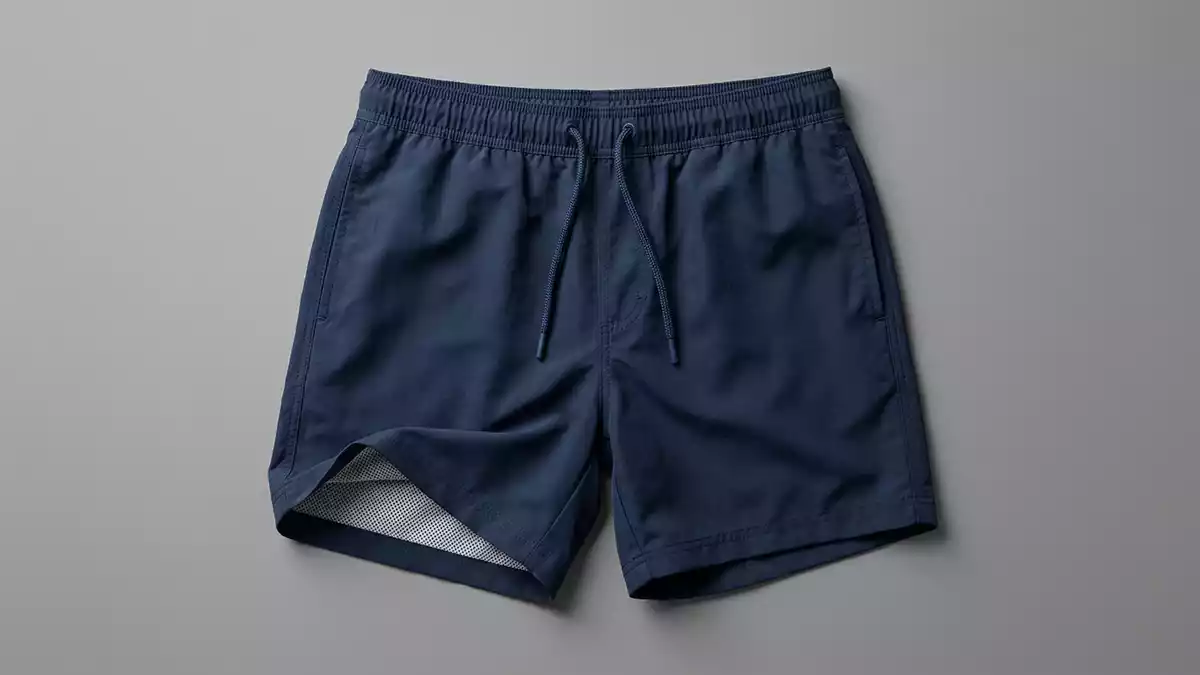 Fotorealistische Studioansicht von Badeshorts in neutraler Produktdarstellung, neutral