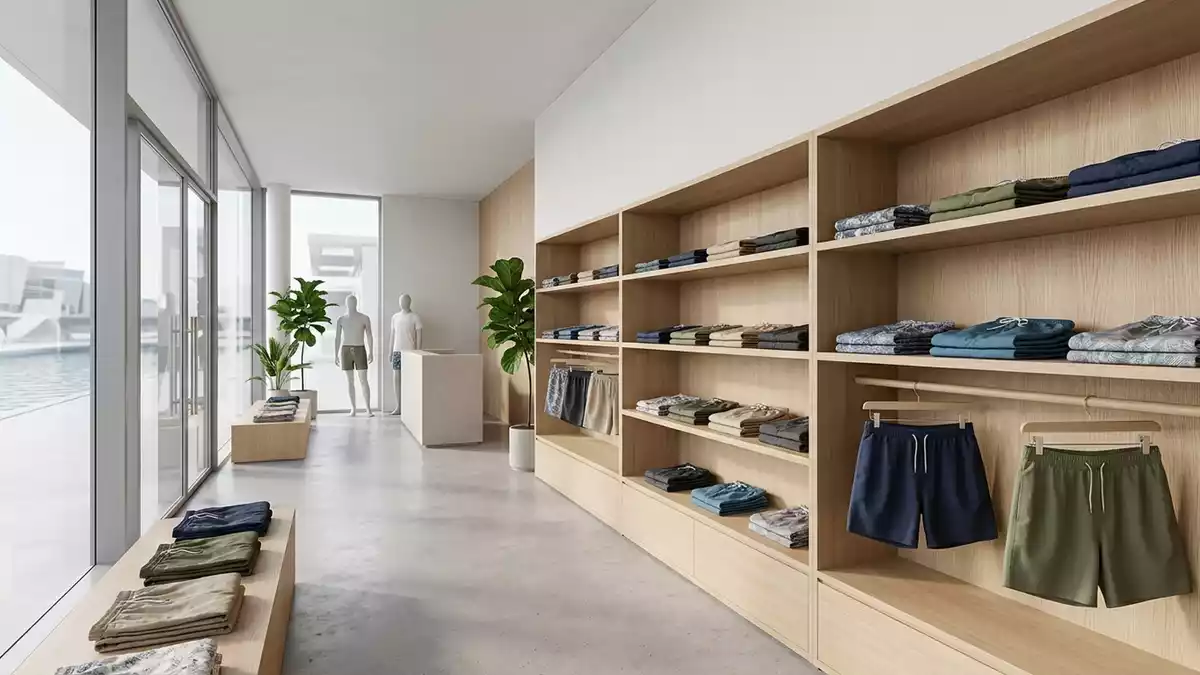 Architektur-Render im Bademodenladen mit Badeshorts im Ausstellungsbereich, neutral
