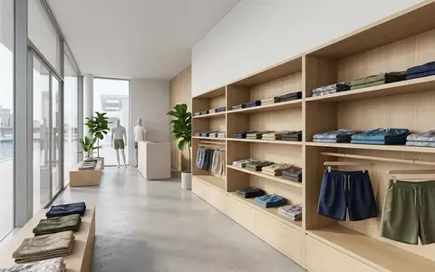 Architektur-Render im Bademodenladen mit Badeshorts zum Thema Havaianas Herren Badeshorts Surf, neutrales Tageslicht - Foto: THN