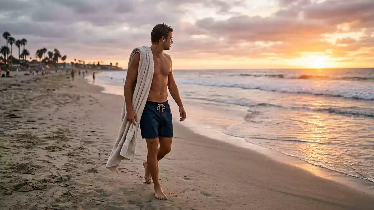 Fotorealistische Ansicht von Badeshorts am Strand in warmem Abendlicht, neutral