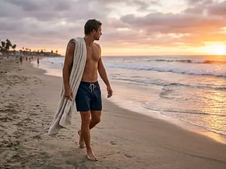Fotorealistische Aufnahme von Badeshorts am Strand zum Thema Havaianas Herren Badeshorts Surf, warmes Abendlicht - Foto: THN