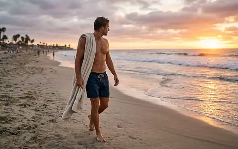 Fotorealistische Aufnahme von Badeshorts am Strand zum Thema Havaianas Herren Badeshorts Surf, warmes Abendlicht - Foto: THN
