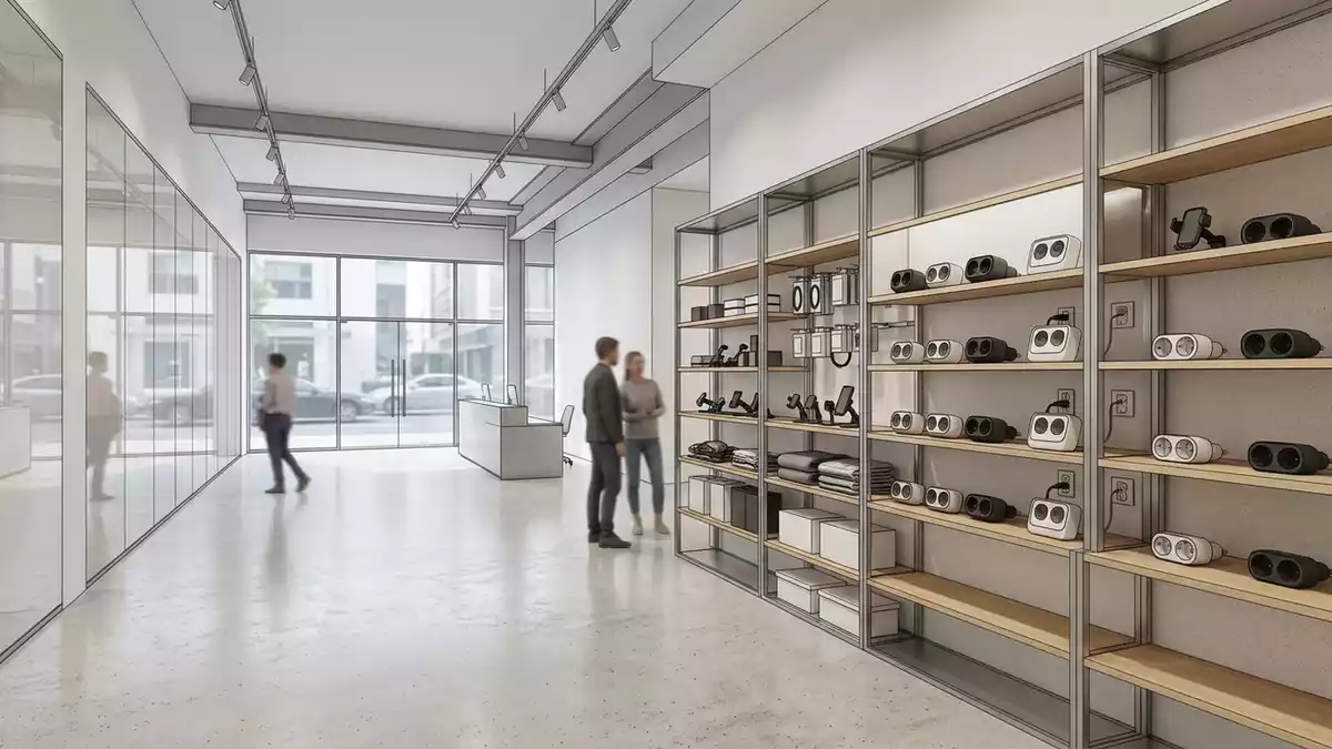 Architektur-Render im Autozubehoergeschaeft mit Autoladegeraet im Ausstellungsbereich