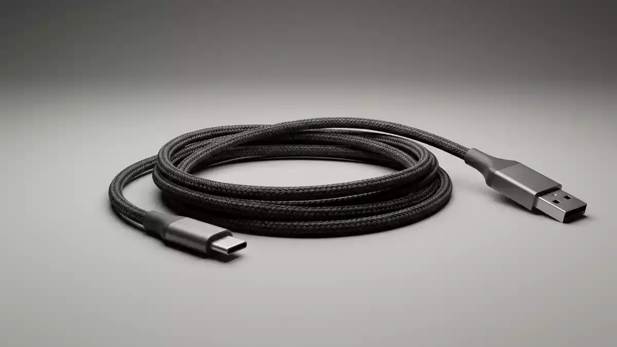 Fotorealistische Studioansicht von Ladekabel in neutraler Produktdarstellung, neutral
