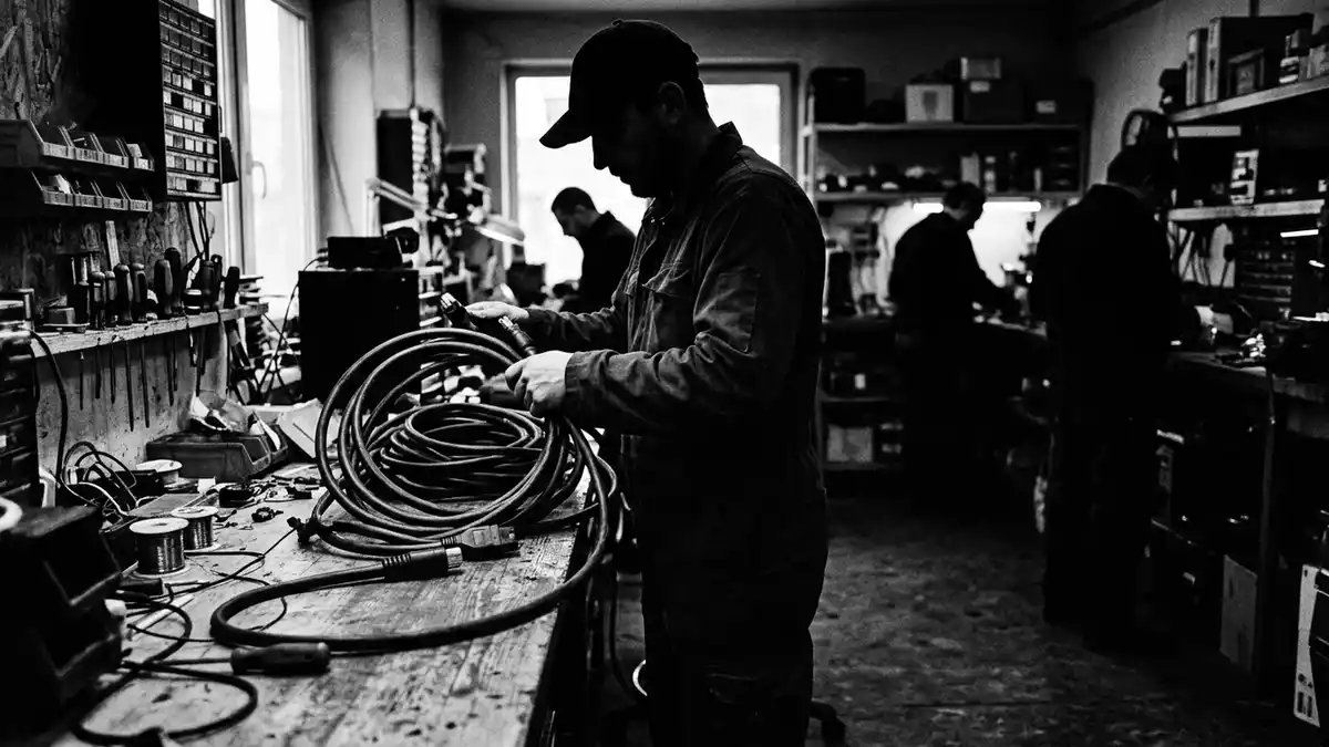 Schwarzweiss-Reportagebild mit Ladekabel in dokumentarischer Arbeitsumgebung, neutral