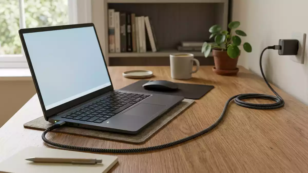 Fotorealistische Ansicht von Ladekabel am Schreibtisch in realer Umgebung, neutral