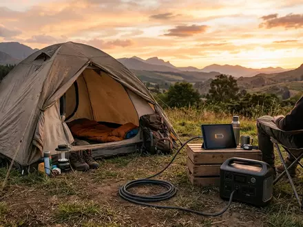 Fotorealistische Aufnahme von Ladekabel am Zeltplatz zum Thema Anker USB-C auf USB-C, warmes Abendlicht - Foto: THN