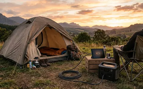 Fotorealistische Aufnahme von Ladekabel am Zeltplatz zum Thema Anker USB-C auf USB-C, warmes Abendlicht - Foto: THN