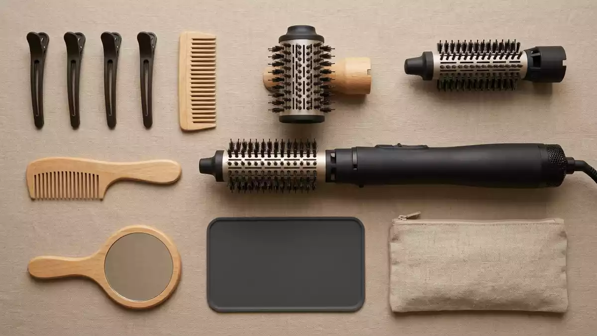 Flatlay-Arrangement rund um Luftstyler mit passenden Requisiten von oben, neutral