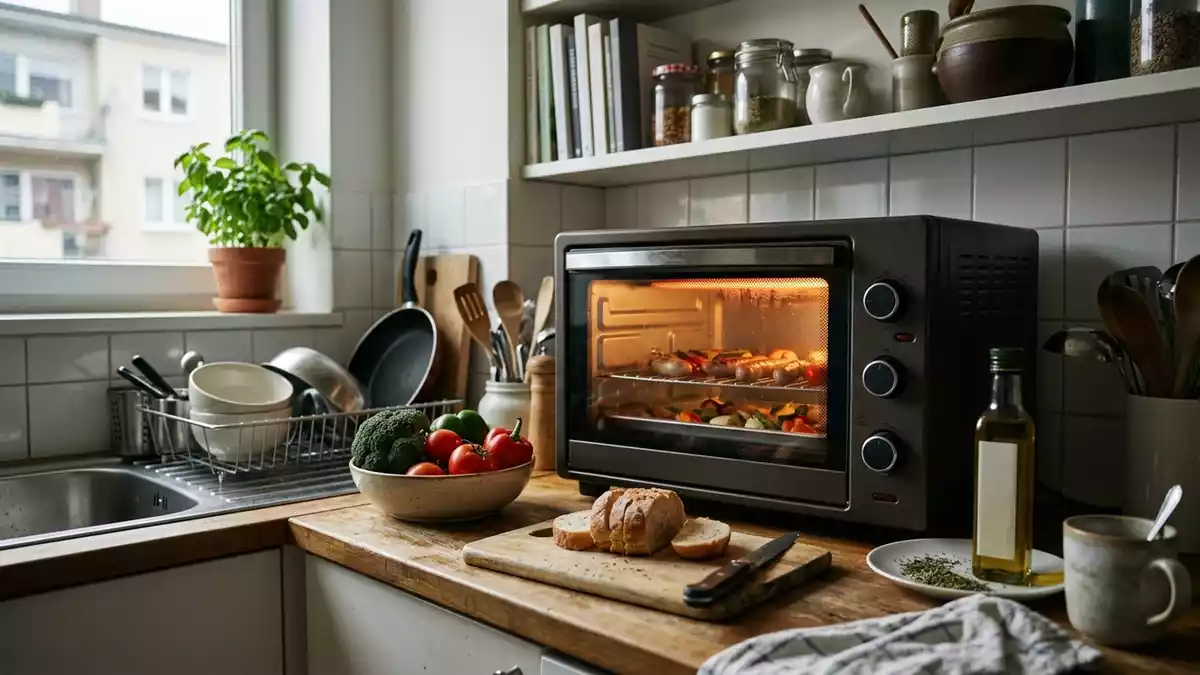 Fotorealistische Ansicht von Minibackofen in der Kueche in realer Umgebung, neutral