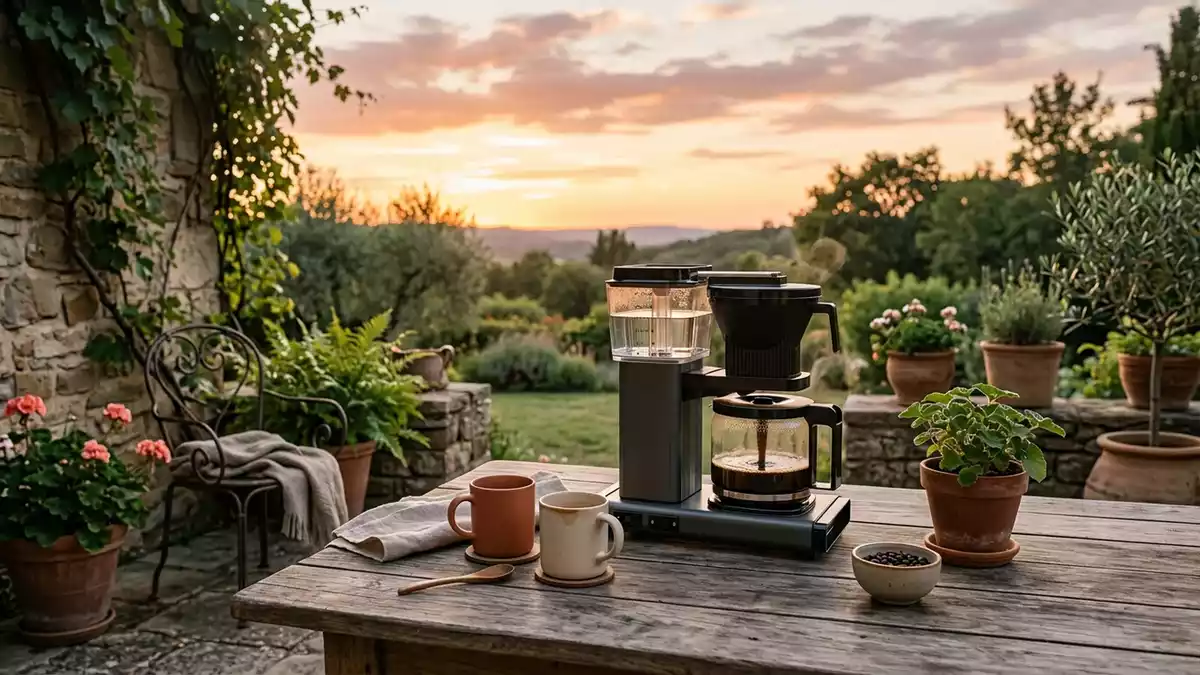 Fotorealistische Ansicht von Filterkaffeemaschine auf der Terrasse in warmem Abendlicht