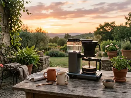Fotorealistische Aufnahme von Filterkaffeemaschine auf der Terrasse zum Thema Severin KA 5995 Filterkaffeemaschine, warmes Abendlicht - Foto: THN