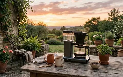 Fotorealistische Aufnahme von Filterkaffeemaschine auf der Terrasse zum Thema Severin KA 5995 Filterkaffeemaschine, warmes Abendlicht - Foto: THN
