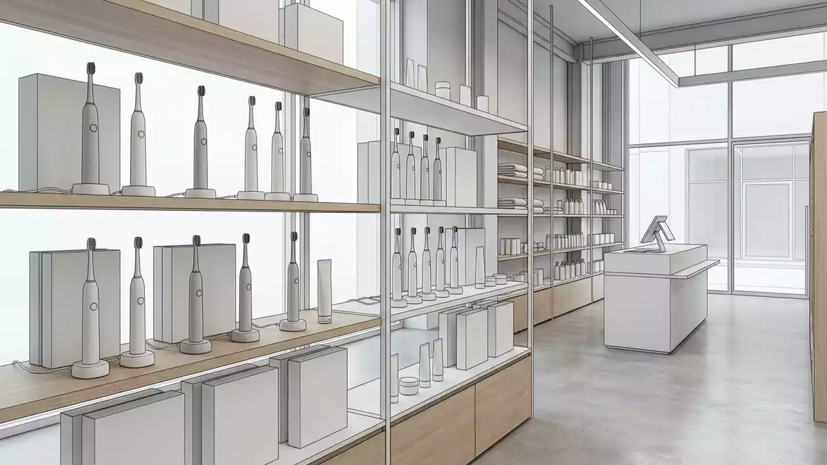 Architektur-Render im Drogerie mit Elektrische Zahnbuerste im Ausstellungsbereich