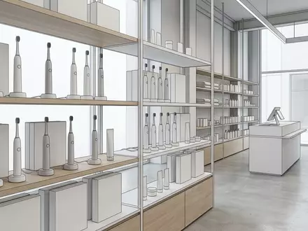 Architektur-Render im Drogerie mit Elektrische Zahnbuerste zum Thema Oclean X Pro Elite, neutrales Tageslicht - Foto: THN