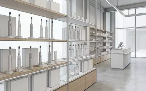 Architektur-Render im Drogerie mit Elektrische Zahnbuerste zum Thema Oclean X Pro Elite, neutrales Tageslicht - Foto: THN