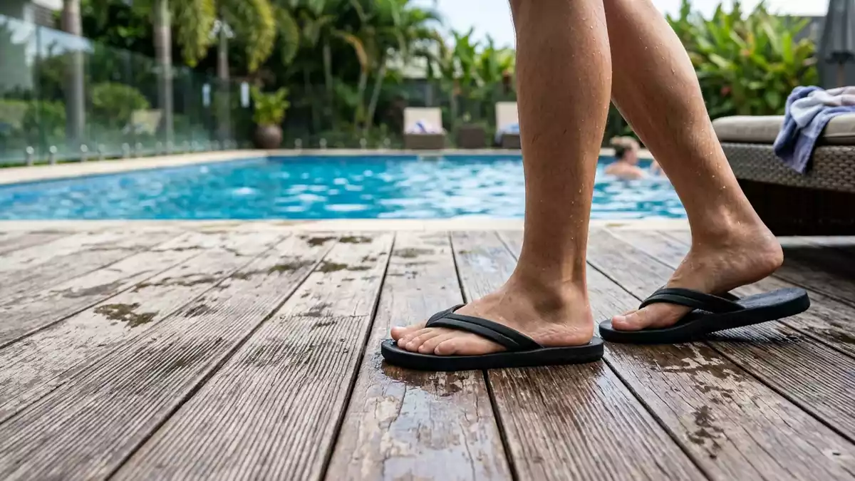 Fotorealistische Ansicht von Zehentrenner am Pool in realer Umgebung, neutral