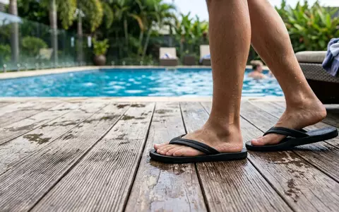 Fotorealistische Aufnahme von Zehentrenner am Pool zum Thema O'Neill Herren Koosh Flip-Flops, natuerliches Licht - Foto: THN