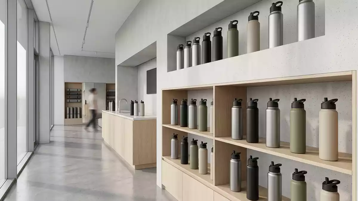Architektur-Render im Sportgeschaeft mit Trinkflasche im Ausstellungsbereich, neutral