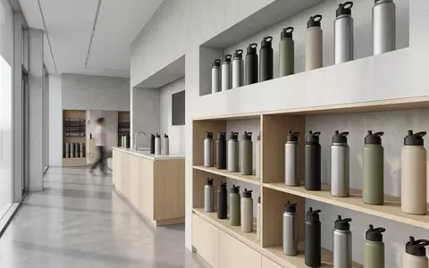 Architektur-Render im Sportgeschaeft mit Trinkflasche zum Thema Owala FreeSip 946ml Edelstahl, neutrales Tageslicht - Foto: THN