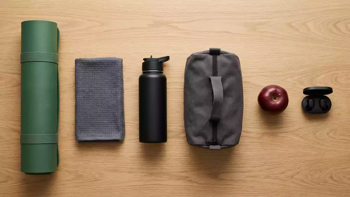 Flatlay-Arrangement rund um Trinkflasche mit passenden Requisiten von oben, neutral