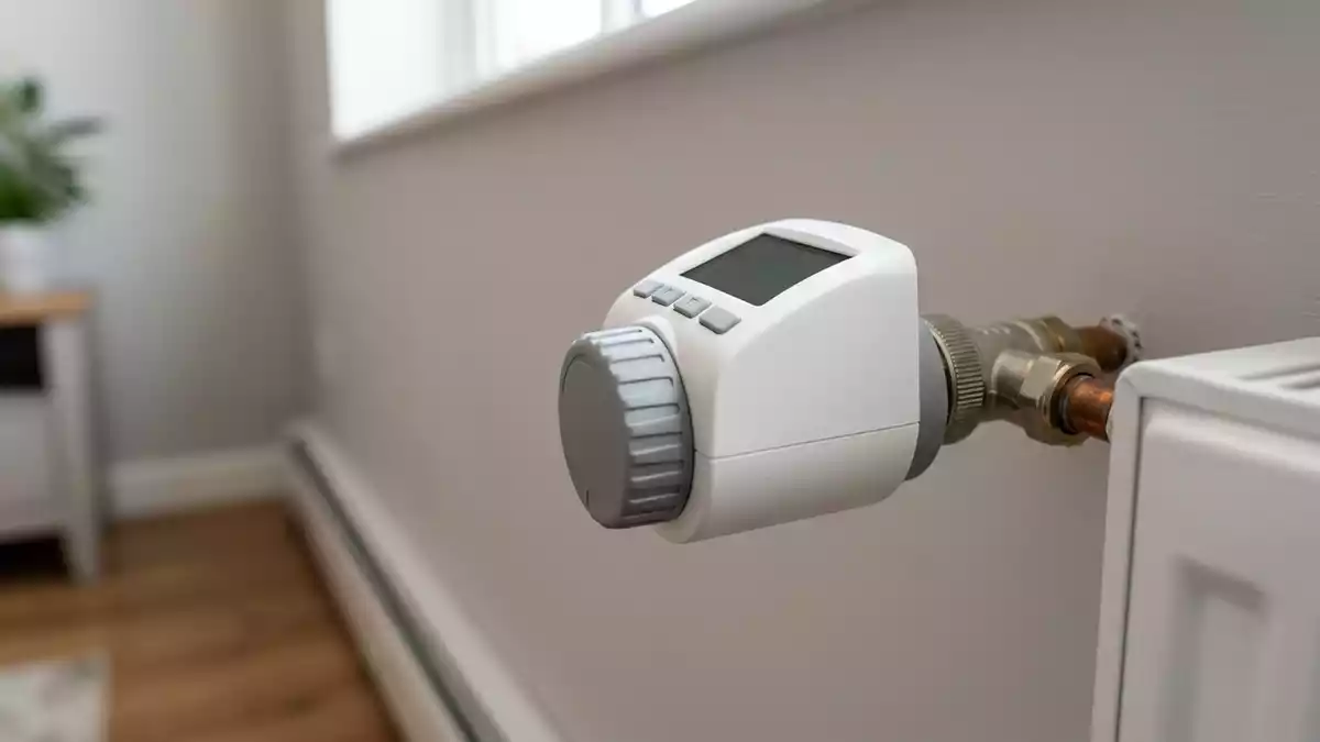 Fotorealistische Studioansicht von Heizkoerperthermostat in neutraler Produktdarstellung