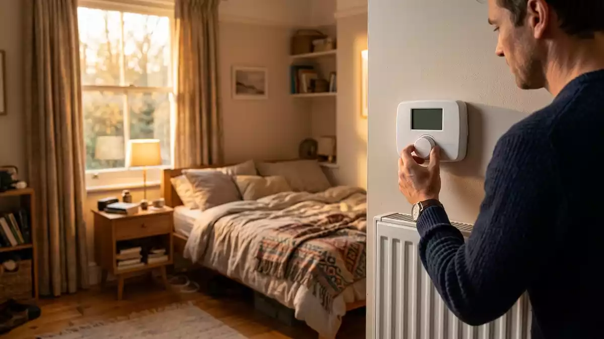 Fotorealistische Ansicht von Heizkoerperthermostat im Schlafzimmer in warmem Abendlicht