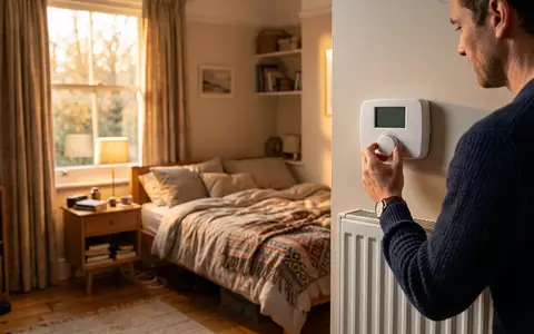 Fotorealistische Aufnahme von Heizkoerperthermostat im Schlafzimmer zum Thema Homematic IP Heizkörperthermostat Basic, warmes Abendlicht - Foto: THN