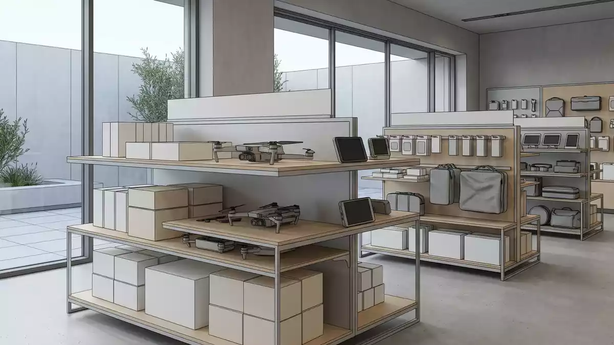 Architektur-Render im Elektronikladen mit Kameradrohne im Ausstellungsbereich, neutral