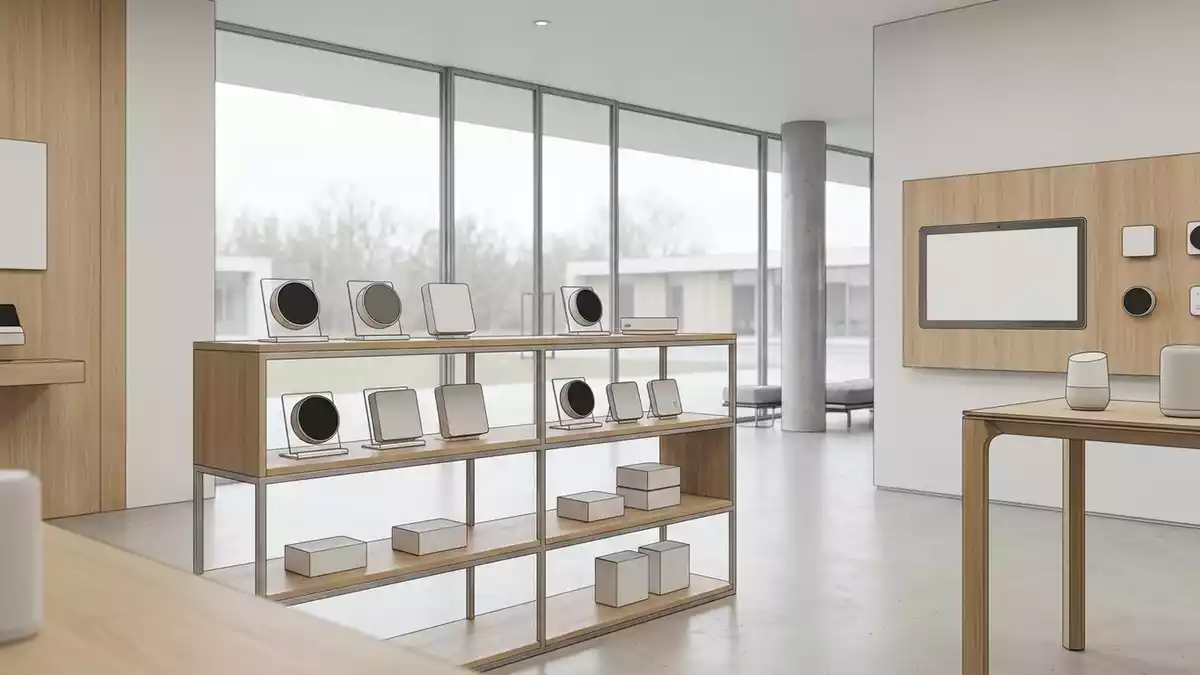 Architektur-Render im Smart-Home-Laden mit Heizungssteuerung im Ausstellungsbereich