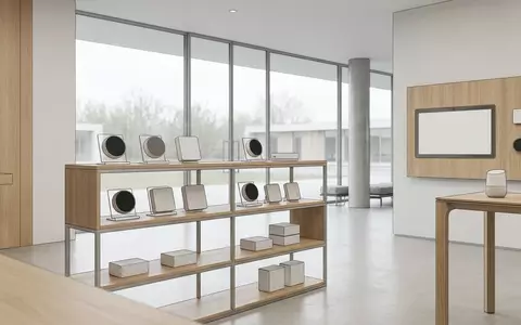 Architektur-Render im Smart-Home-Laden mit Heizungssteuerung zum Thema Homematic IP Starter Set, neutrales Tageslicht - Foto: THN