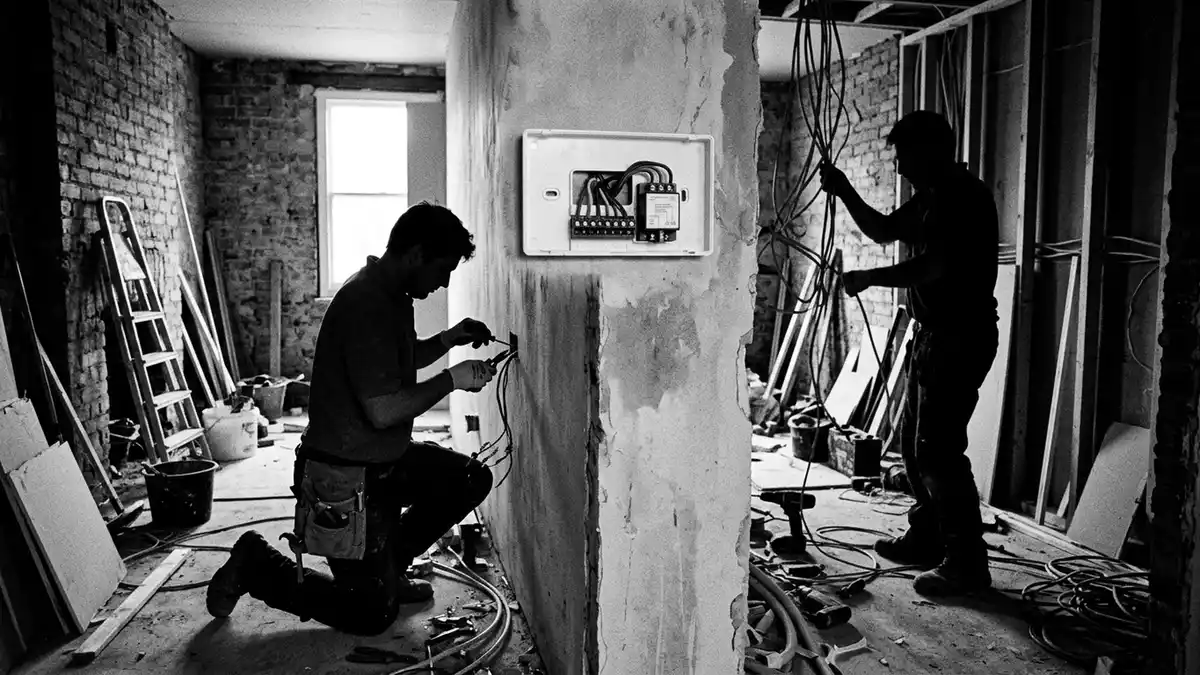 Schwarzweiss-Reportagebild mit Wandthermostat in dokumentarischer Arbeitsumgebung