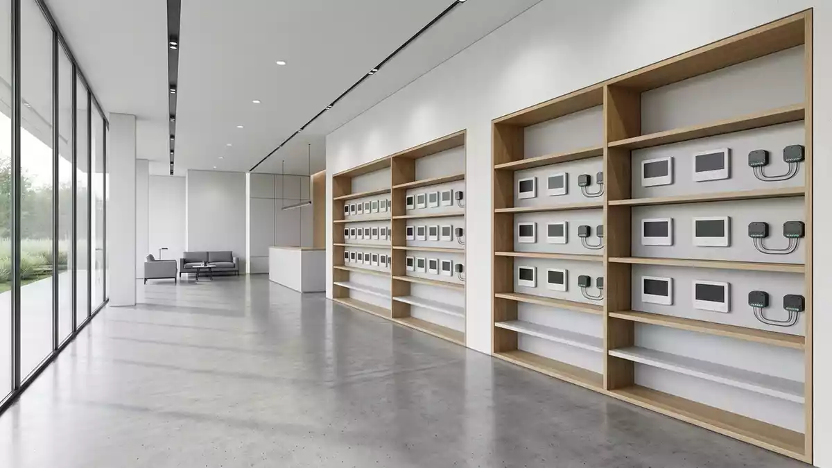 Architektur-Render im Smart-Home-Laden mit Wandthermostat im Ausstellungsbereich