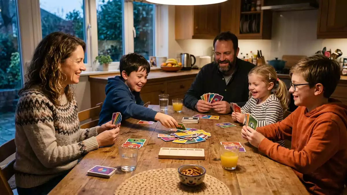 Fotorealistische Ansicht von Kartenspiel am Kuechentisch in realer Umgebung, neutral