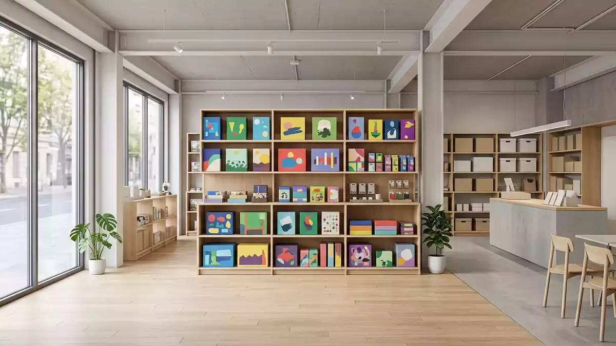 Architektur-Render im Spielefachgeschaeft mit Kartenspiel im Ausstellungsbereich