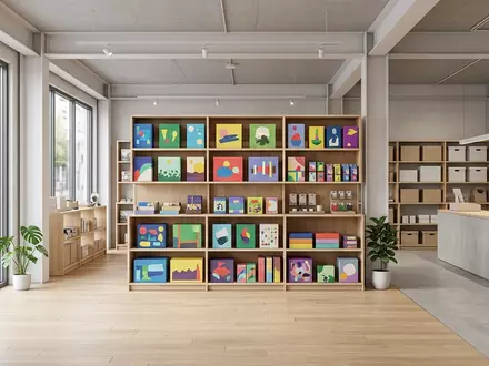 Architektur-Render im Spielefachgeschaeft mit Kartenspiel zum Thema Skyjo, neutrales Tageslicht, sachlich dargestellt - Foto: THN